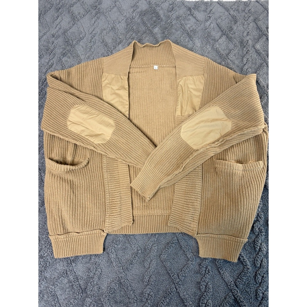 Women's L Beige Knit Open Front Cardigan Sweater Shawl Collar Pockets